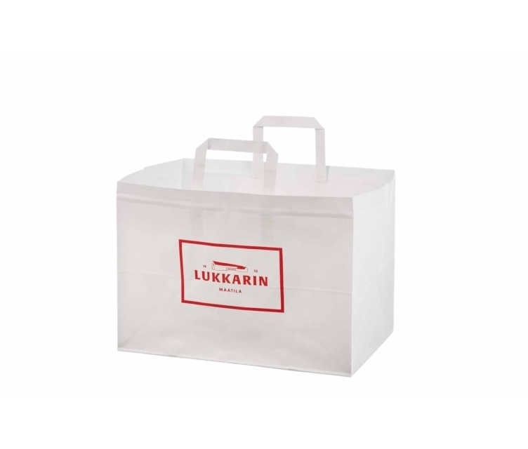 Vit take away papperskasse 35x17x24,5 cm med personligt logotryck